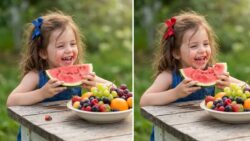 Spot the Difference Test: Find 3 Differences in the Girl Eating Fruit Image